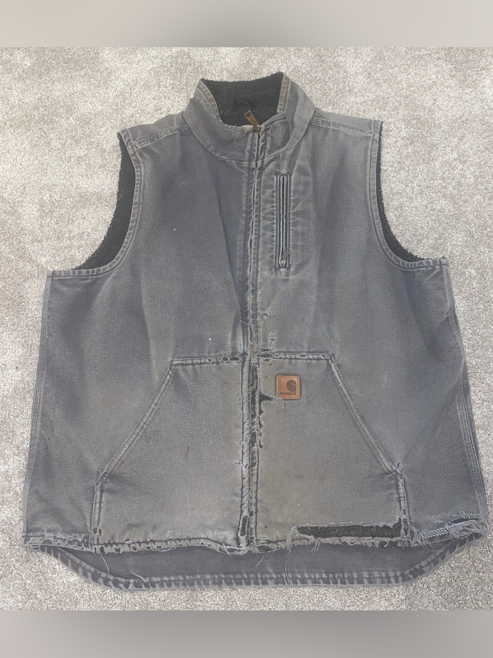 Carhartt Duck Canvas Sherpa Lined Work Gray Vest Size L Tall Distressed V33 GVL